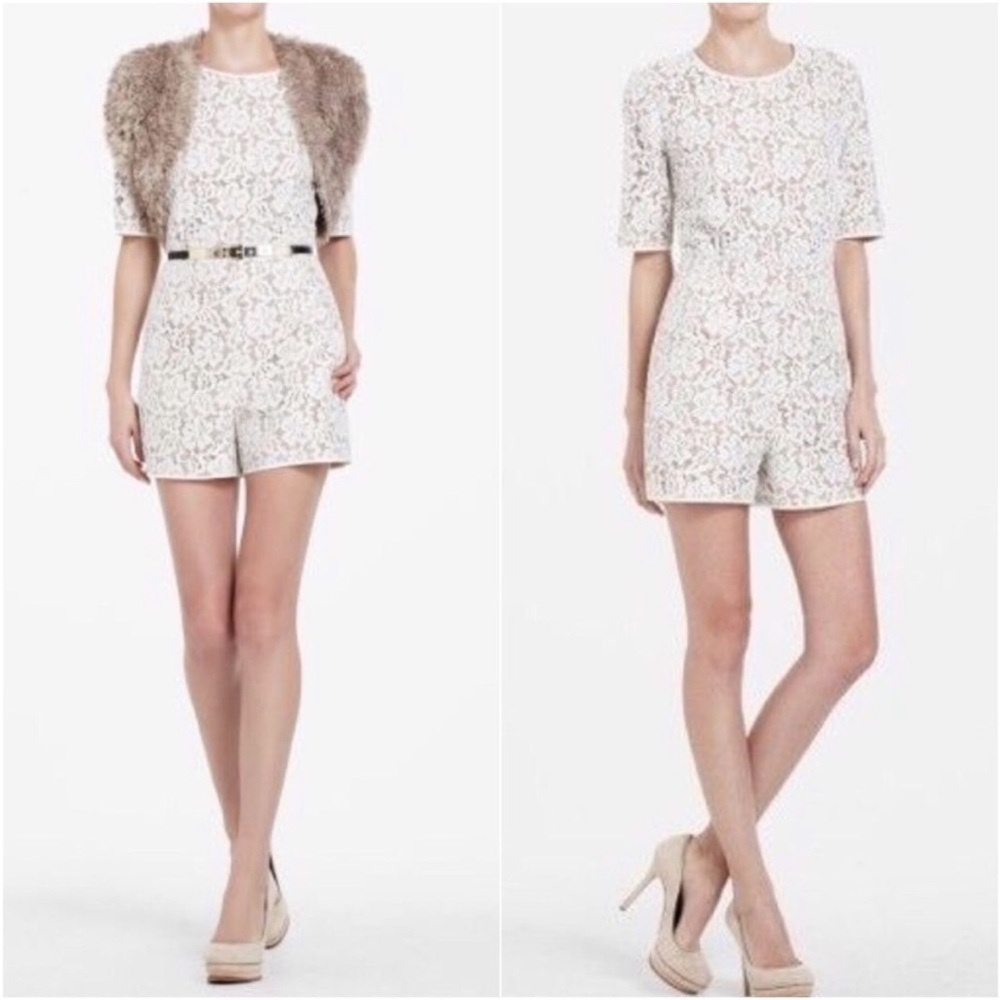 BCBGMAXAZRIA Haile Ivory Lace Romper Floral Ecru/Nude Bridal Bachelorette XS
